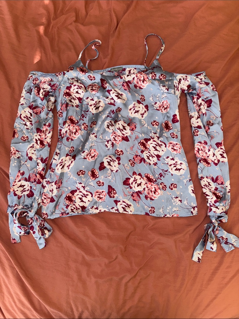 Satin floral Off-Shoulder Tie-Sleeve Top - Light Blue